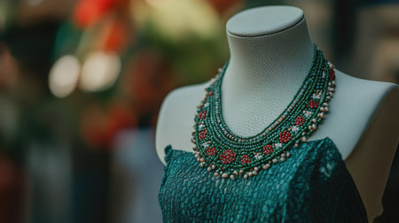 A stunning beaded necklace featuring vibrant green and red colors, displayed elegantly on a mannequin in a stylish boutique setting. Perfect for fashion and accessory enthusiasts.の素材
