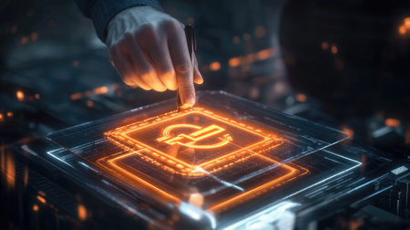 A hand interacts with a futuristic digital interface, showcasing glowing orange neon symbols, representing technology, innovation, and user interaction in a modern setting.の素材