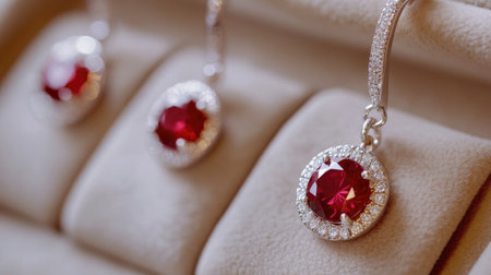 Stunning ruby earrings embellished with sparkling diamonds, elegantly displayed to emphasize craftsmanship and luxury, perfect for any fashionable collection.の素材