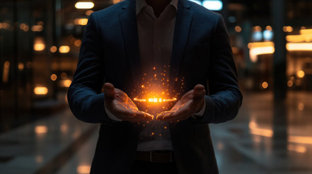 A business professional stands in a dark environment, holding glowing particles in his hands. The image symbolizes creativity, innovation, and transformative ideas with a magical ambiance.の素材