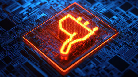 A vibrant orange thumb down icon glows against a digital circuit board background, symbolizing negative feedback or disapproval in a modern technology context.の素材