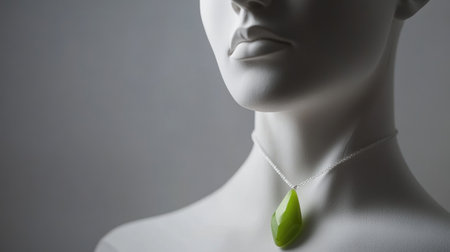 A close-up of an elegant green pendant necklace adorning a stylish mannequin, showcasing modern design and minimalism against a soft background.の素材