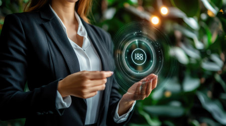 A confident businesswoman presents a digital interface displaying numbers amidst vibrant greenery. This image symbolizes innovation, technology, and success in a natural setting.の素材