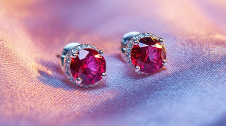 Discover the beauty of these elegant pink gemstone earrings, beautifully set in silver, resting on a soft fabric. Perfect for any special occasion.の素材
