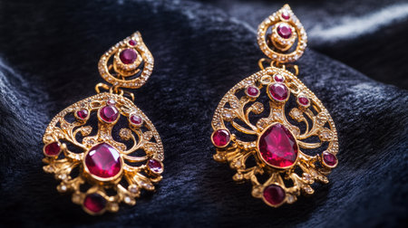 Beautiful gold earrings adorned with striking red gemstones, showcased elegantly against a black background, appealing to lovers of exquisite jewelry and fashion.の素材