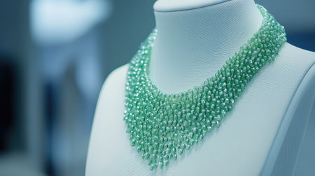 A stunning green beaded necklace showcased on a mannequin bust, highlighting intricate details. This piece exudes elegance and modern charm, perfect for fashion lovers.の素材