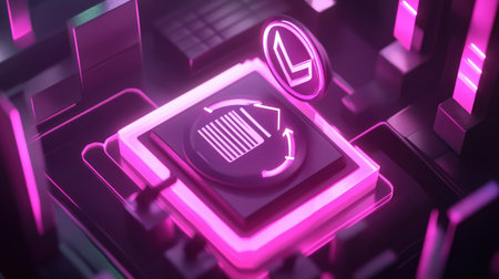 This striking image features a futuristic digital concept with neon lights, emphasizing technology and data processing in a vibrant and abstract design.の素材