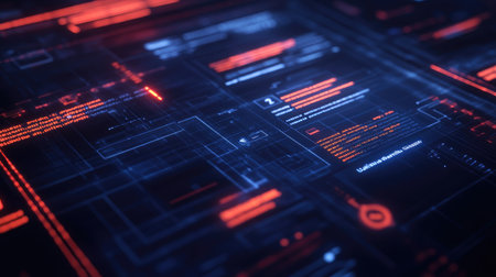 This abstract image features a digital interface with luminous data streams and circuit designs, showcasing a futuristic technology concept perfect for innovation and software themes.の素材