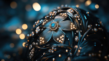 Discover the elegance of an ornate decorative egg featuring a stunning floral design with sparkling details, set against a vibrant, artistic background.の素材