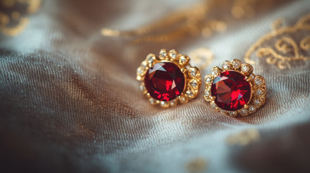 Discover these elegant gold earrings adorned with stunning ruby stones and sparkling diamonds, perfect for a luxurious and glamorous look. Ideal for special occasions.の素材