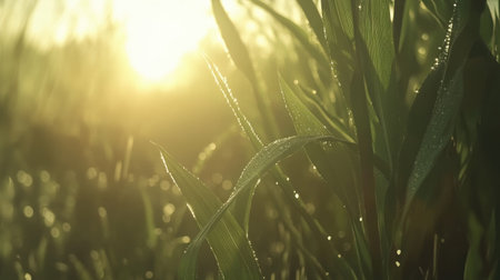 Close-up of dew-covered grass blades illuminated by soft golden sunrise light. The droplets sparkle with freshness, creating a serene outdoor atmosphere.の素材