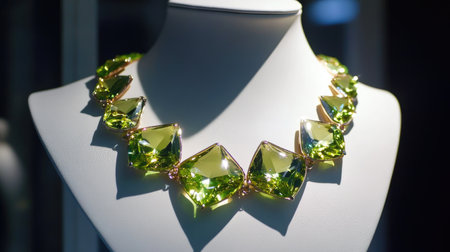 An elegant green gem necklace featuring large sparkling stones showcased on a mannequin bust. This eye-catching accessory adds a touch of luxury and sophistication.の素材