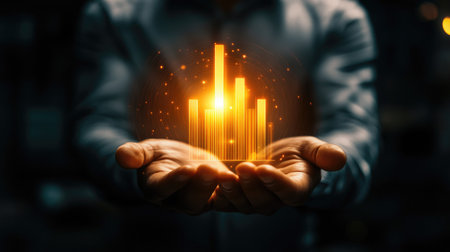 Close-up view of hands holding a luminous bar graph symbolizing data analysis and business growth. Perfect for illustrating innovation and technology concepts.の素材