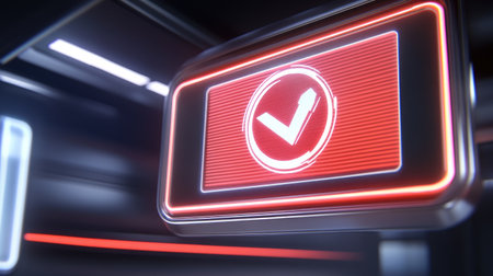 This image features a red check mark icon with a neon glow effect on a digital display screen, symbolizing success and approval in a modern, clean design.の素材