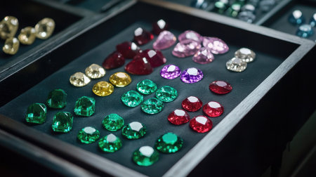 A stunning display of colorful gemstones in various shapes showcases the brilliance of each jewel. The rich colors and textures create an appealing visual for art or jewelry projects.の素材