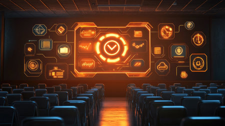 A modern conference room featuring a large digital screen displaying vibrant data visualizations. The space is designed for innovative meetings and presentations.の素材