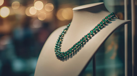 A stunning green gem necklace elegantly displayed on a soft-lit mannequin showcases beauty and luxury, perfect for capturing attention in any fashion setting.の素材