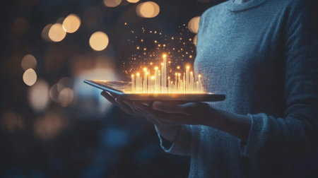 A person holds a tablet emitting a captivating glow of data visualization elements. The ambient setting enhances the magical feel of technology and creativity.の素材