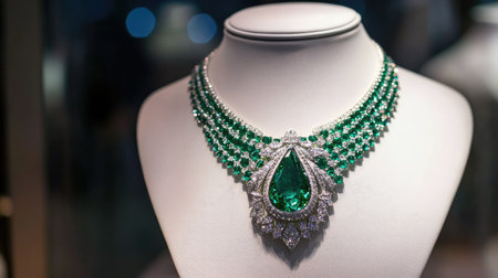 This stunning green necklace features a beautiful pear-shaped gemstone surrounded by sparkling diamonds, set on an elegant display. Perfect for formal occasions.の素材
