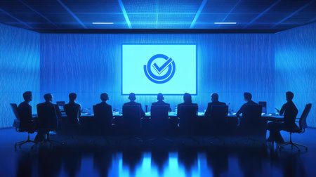 A business meeting scene featuring silhouetted figures in a modern boardroom. A large presentation screen displays an icon. The blue lighting creates a professional ambiance, emphasizing teamwork and strategy.の素材