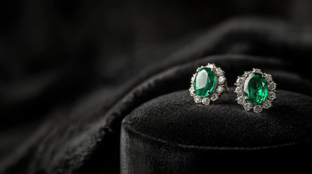 Showcase exquisite earrings featuring vibrant green gemstones surrounded by sparkling diamonds, elegantly displayed on soft black velvet. Perfect for luxury occasions.の素材