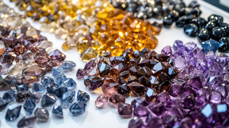 A vibrant array of gemstones and crystals displayed on a clean surface. Each stone showcases unique colors, shapes, and textures, emphasizing natural beauty.の素材
