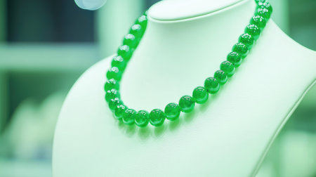 This striking green beaded necklace is showcased elegantly on a jewelry stand. The rich color and superb design highlight its beauty and craftsmanship.の素材