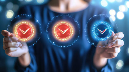 A woman holds glowing digital symbols representing success and achievement, surrounded by a vibrant background. This image conveys innovation and empowerment in decision-making.の素材