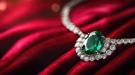 Captivating green emerald necklace set among rich red fabric highlights elegance and sophistication, showcasing the interplay of light and texture in luxury jewelry design.の素材