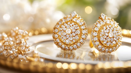 Stunning gold earrings adorned with sparkling diamonds, elegantly placed on a decorative plate, perfect for showcasing luxury and beauty in jewelry photography.の素材