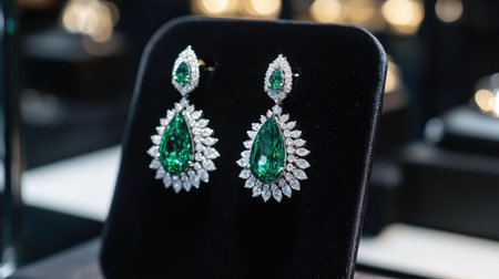 Stunning pair of elegant green earrings adorned with sparkling diamonds, showcased beautifully in a jewelry store display, highlighting luxury and craftsmanship.の素材