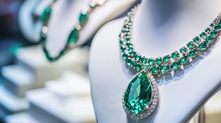 Exquisite green jewelry piece featuring sparkling gemstones on a chic mannequin. Perfect for showcasing elegance and luxury in fashion and style.の素材