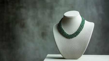 An exquisite green beaded necklace displayed elegantly on a cream jewelry stand. This piece showcases stunning craftsmanship and vibrant design, perfect for fashion lovers.の素材