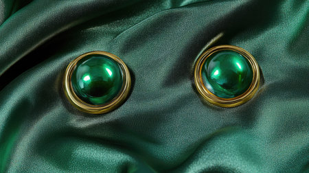 Discover a pair of elegant green earrings resting on luxurious satin fabric. These exquisite accessories enhance any outfit with their vibrant shine and classic design.の素材