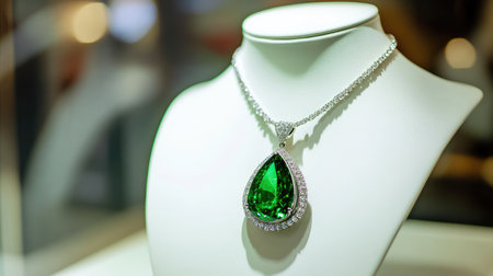 Stunning green gemstone necklace showcased on a elegant bust. This exquisite piece features intricate detailing and sparkling diamonds, ideal for luxury fashion.の素材