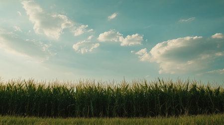 A serene view of a lush green cornfield stretching to the horizon under a bright blue sky filled with fluffy white clouds, capturing the essence of rural agriculture.の素材