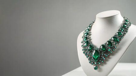 This stunning green gemstone necklace is elegantly displayed on a jewelry stand, showcasing intricate design and vibrant colors. Perfect for fashion enthusiasts.の素材
