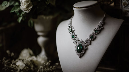 This elegant vintage necklace showcases emerald stones set in intricate silver, perfect for adding a touch of luxury to any outfit or occasion.の素材