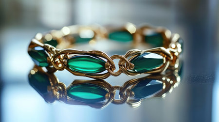 This stunning bracelet showcases a unique design featuring vibrant green stones intertwined with a luxurious gold chain, reflecting elegance and sophistication.の素材