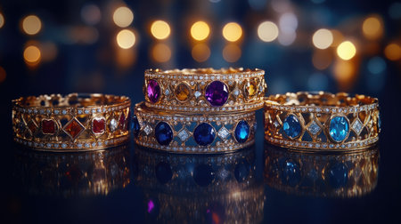 Discover a stunning collection of elegant gold bracelets adorned with colorful gems. Each piece captures light beautifully, enhancing its luxury and charm.の素材