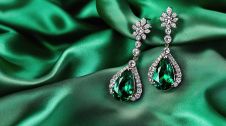 Discover exquisite earrings featuring stunning green gemstones and sparkling diamond accents, elegantly displayed on luxurious silk fabric for a captivating visual appeal.の素材