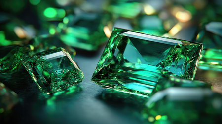 A captivating display of lush green emerald gemstones arranged artistically on a glossy surface. The vivid colors and sparkling reflections highlight the beauty and elegance of these precious stones, ideal for luxury themes.の素材