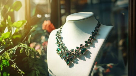 A beautifully designed green stone necklace elegantly displayed, capturing natural light. This exquisite jewelry piece features intricate detailing and a luxurious appearance, perfect for fashion enthusiasts.の素材