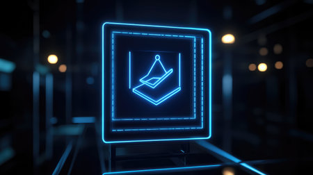 This digital artwork features a neon symbol representing Freemasonry, set against a geometric background. The glowing design combines modern technology with traditional values.の素材