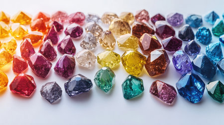 A stunning array of colorful gemstones and crystals displayed on a bright surface. This image captures the beauty and vibrancy of various shapes and colors, perfect for showcasing luxury and elegance.の素材