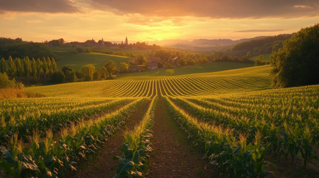 A stunning sunset illuminates a vibrant cornfield, casting a warm glow across the landscape. The serene countryside and distant hills create a peaceful agricultural scene.の素材