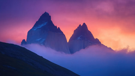 Stunning view of towering mountain peaks under a vibrant sunset, surrounded by mist. A breathtaking natural scene that evokes adventure and tranquility.の素材