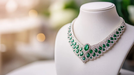 Stunning emerald and diamond necklace elegantly showcased on a display bust, capturing luxury and beauty. Perfect for fashion and jewelry themes.の素材
