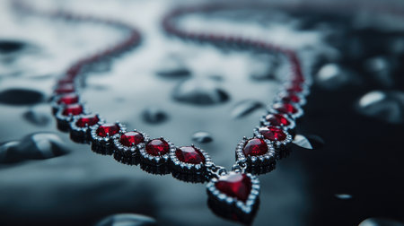 A striking heart-shaped ruby necklace adorned with shimmering gems, showcasing luxury and elegance against a dark backdrop with water droplets, perfect for fashion and jewelry enthusiasts.の素材