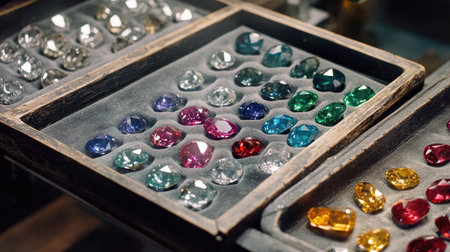 A captivating assortment of colorful gems arranged on a wooden tray, showcasing their brilliance and intricate cuts. Perfect for design and luxury projects.の素材